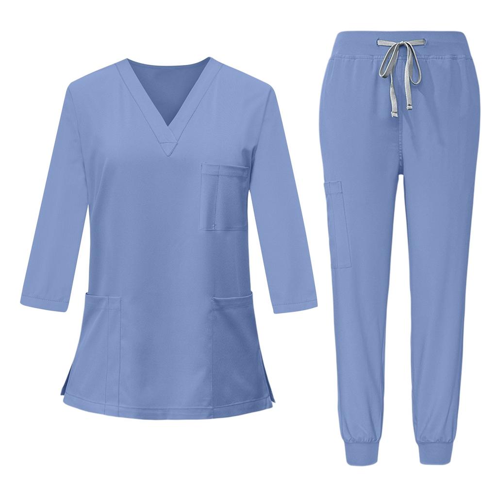 Set da Lavoro da Donna a Manica 3/4 con Top Scollo a V e Pantaloni Jogger, Uniforme Morbida ed Elastica per Professionisti Medici