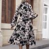GMXIA Autumn Print Dress Lace Patchwork Long-sleeved Mid-length Skirt