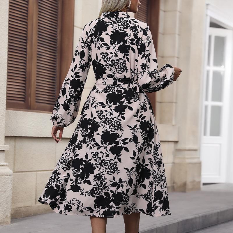GMXIA Autumn Print Dress Lace Patchwork Long-sleeved Mid-length Skirt