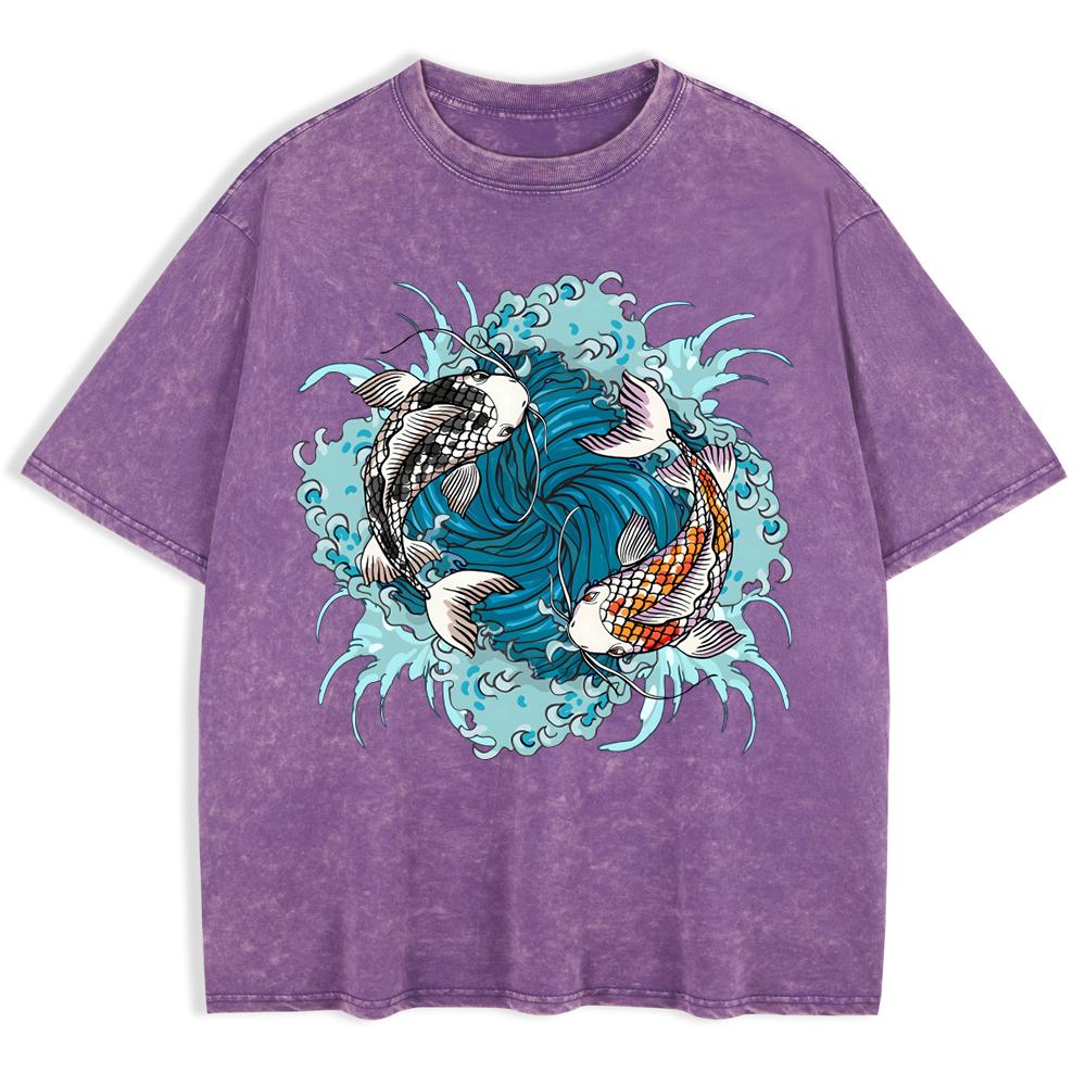 Japanese Koi Harajuku Printed Washed T-Shirts Mens Cotton Short Sleeve Tops Summer O-Neck Oversized T Shirts Clothes