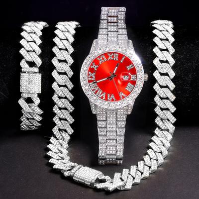 Wykwintny naszyjnik + zegarek + bransoletka Hip Hop raper Kubański łańcuszek Złoty kolor Iced Out betonowy Rhinestone Mężczyźni Afrykański zestaw biżuterii Nowy