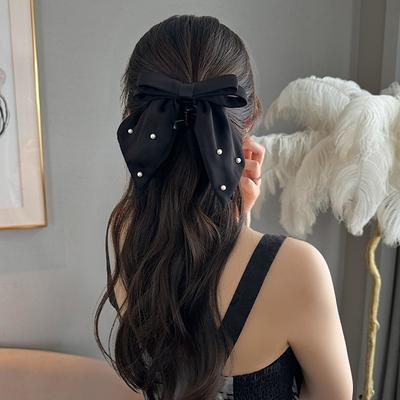 Satynowe Spinki do Włosów z Kokardą Temperament Nakrycie Głowy Jednolity Kolor Perłowe Klipsy do Włosów Dla Kobiet Dziewcząt Akcesoria do Włosów Kucyk