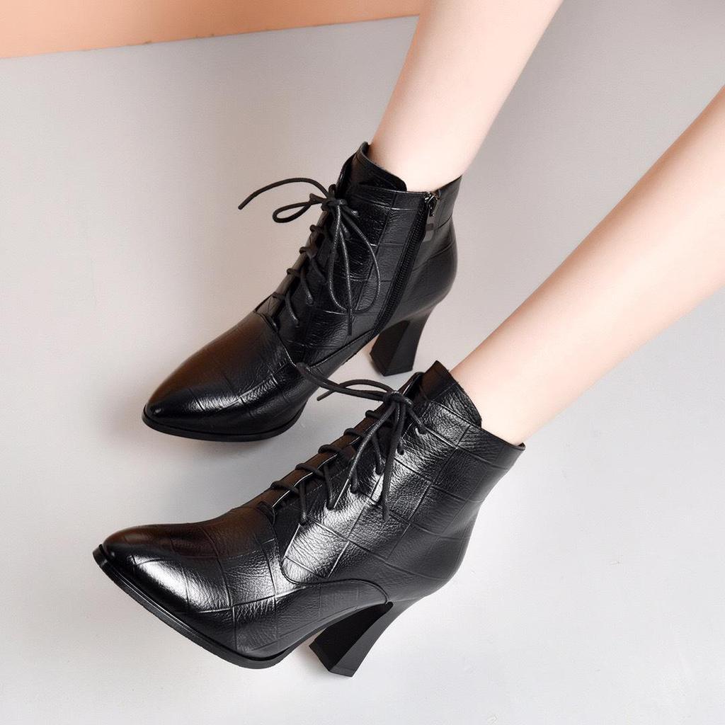 Women's Pointed Toe Lace-Up Chunky Heel Ankle Boots - 2025 Autumn/Winter, Embossed Cowhide