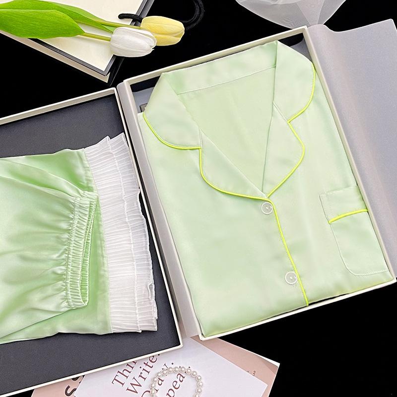 

Пижама женская летняя тонкая ледяной шелк с коротким рукавом простая однотонная высококачественный костюм для дома можно носить на улице 2XL