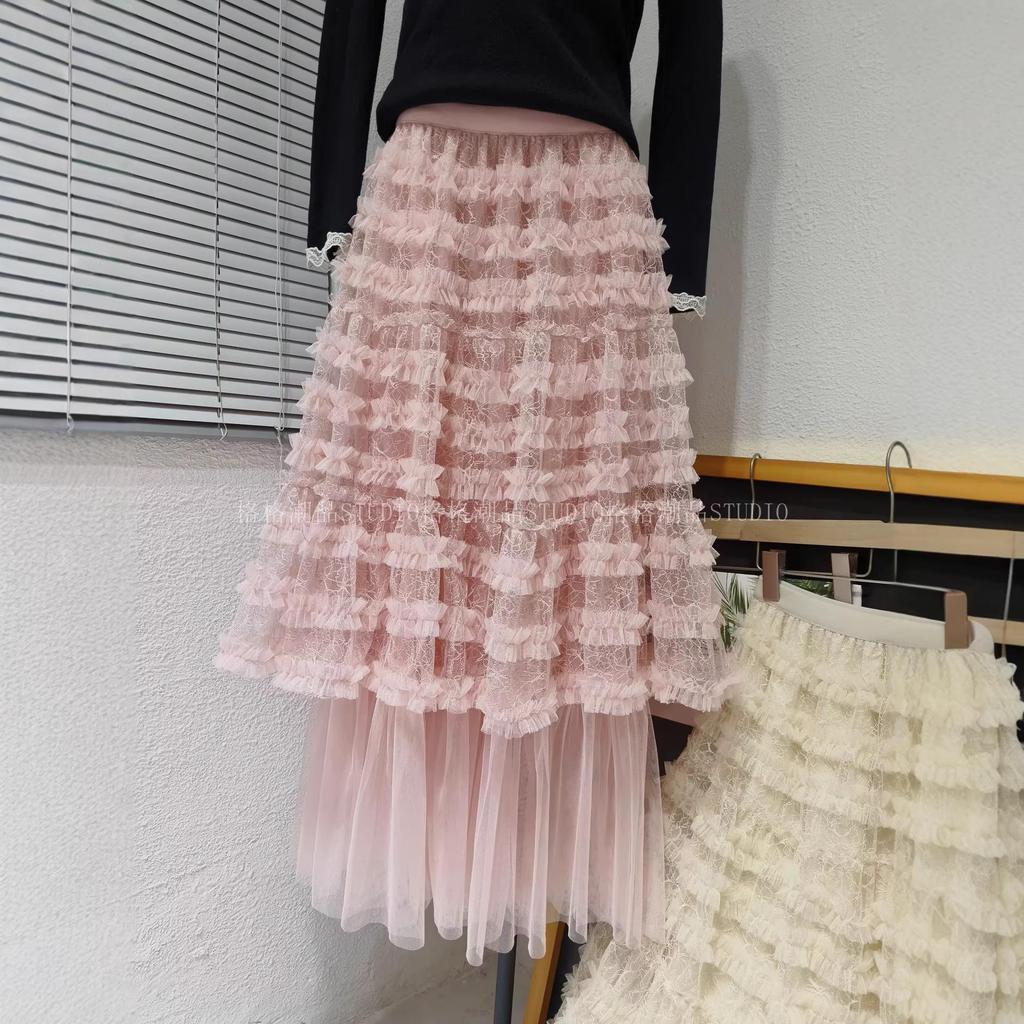 Spring 2026 Women's Irregular Layered Mesh Skirt: Long, Slimming Gauze Design, Heavy Work Detail.