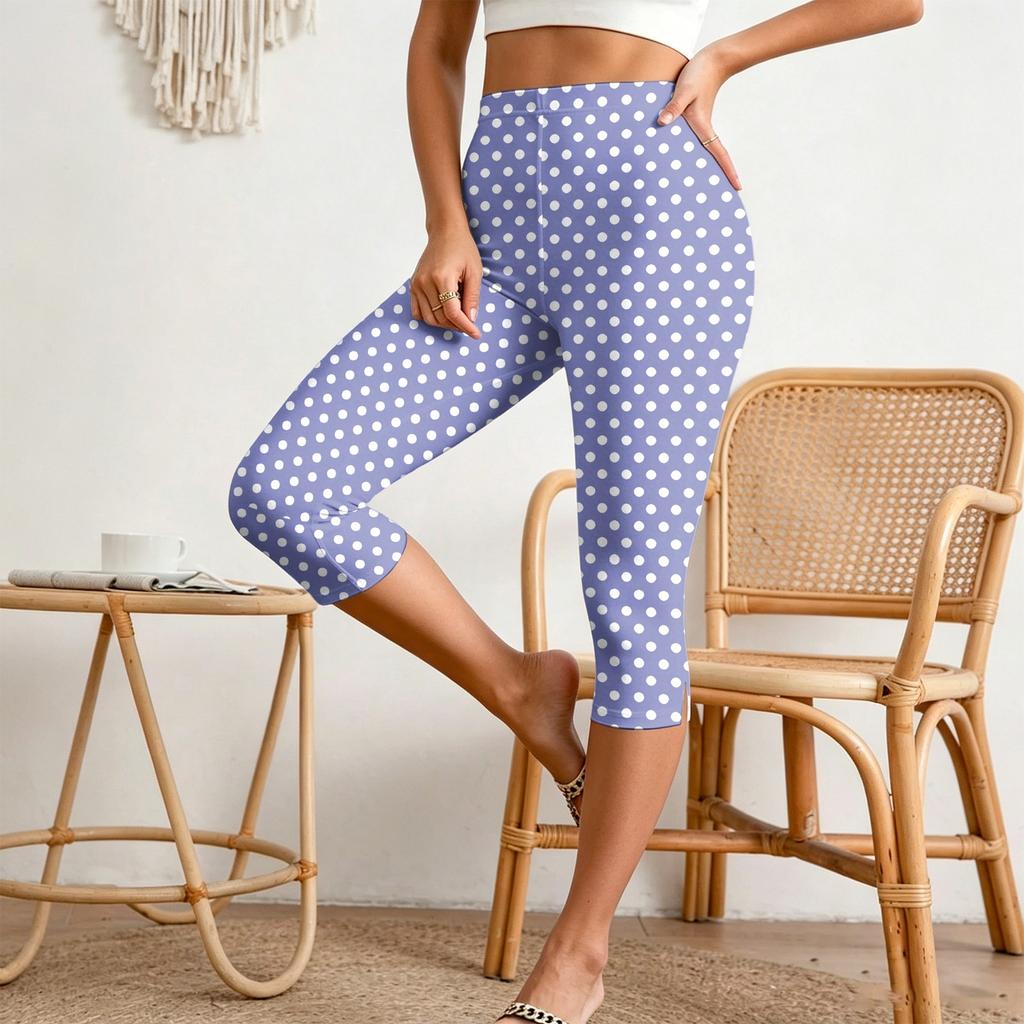 Women’s Elastic Waist Slim Fit Split Hem Capri Pants Casual Polka Dot Print Relaxed Style Lightweight Fabric