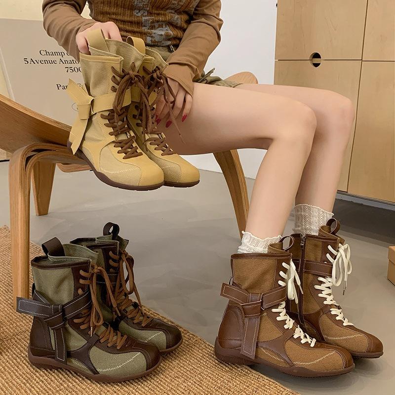 Skinny boots, locomotive boots, fashion lace-up short boots, splicing women's boots, thick-soled short tube, rad new versatile beauty