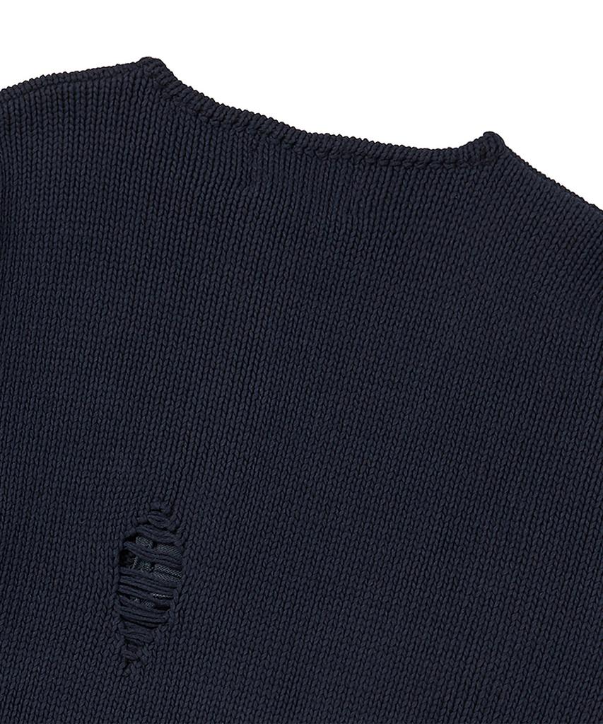 BEYOND CLOSET [Collection Line] Archive Heavyweight Cotton Damaged Detail Henley Neck Knit Navy