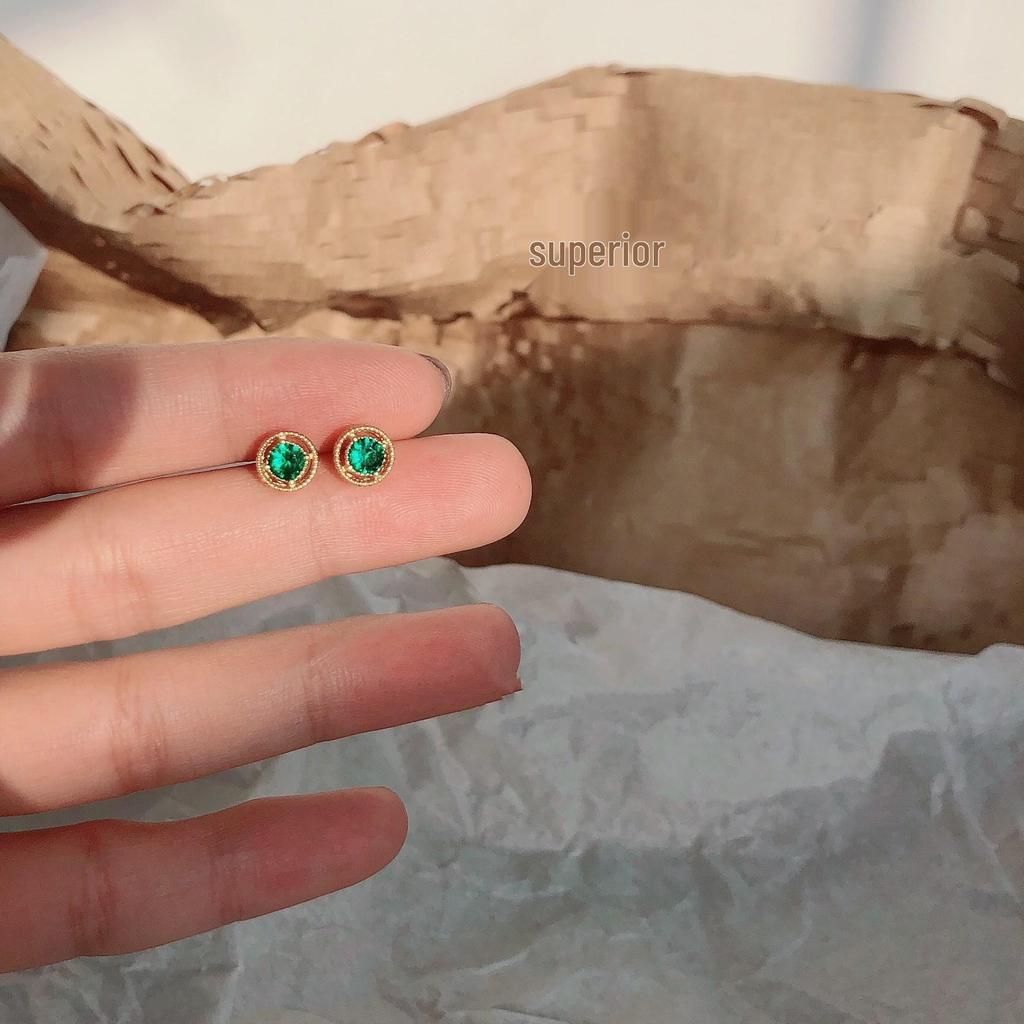 Beixi S925 Sterling Silver Baroque Carved Emerald Stud Earrings for Women - French Light Luxury High-End Retro Design