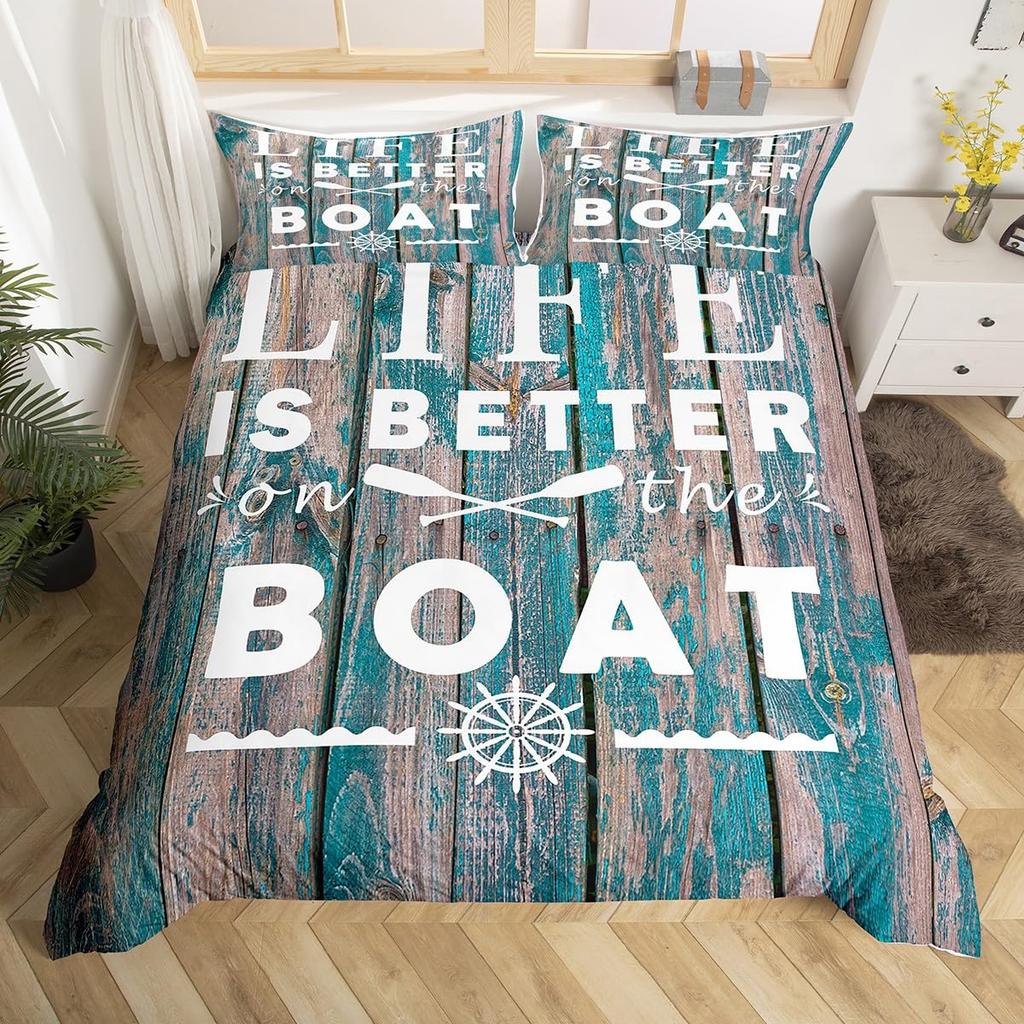 Rustic Farmhouse Duvet Cover Summer Lake Bedding Set For Boys Men Twin Flip Flop Paddle Quilt Cover Vintage Wood Texture Bed Set