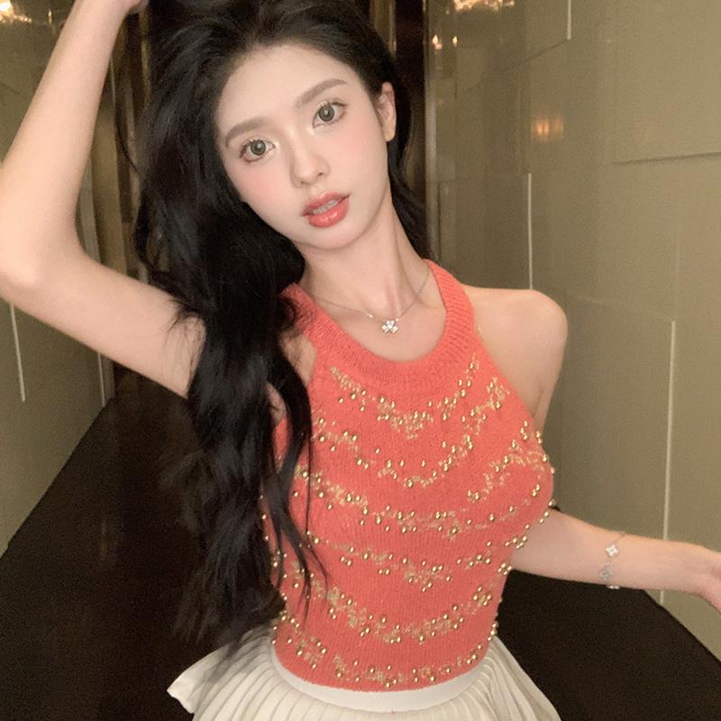 French Short Halter Knitted Camisole Women's Summer Outerwear Hot Girl Sleeveless Off Shoulder Camisole Inner Wear Black Top