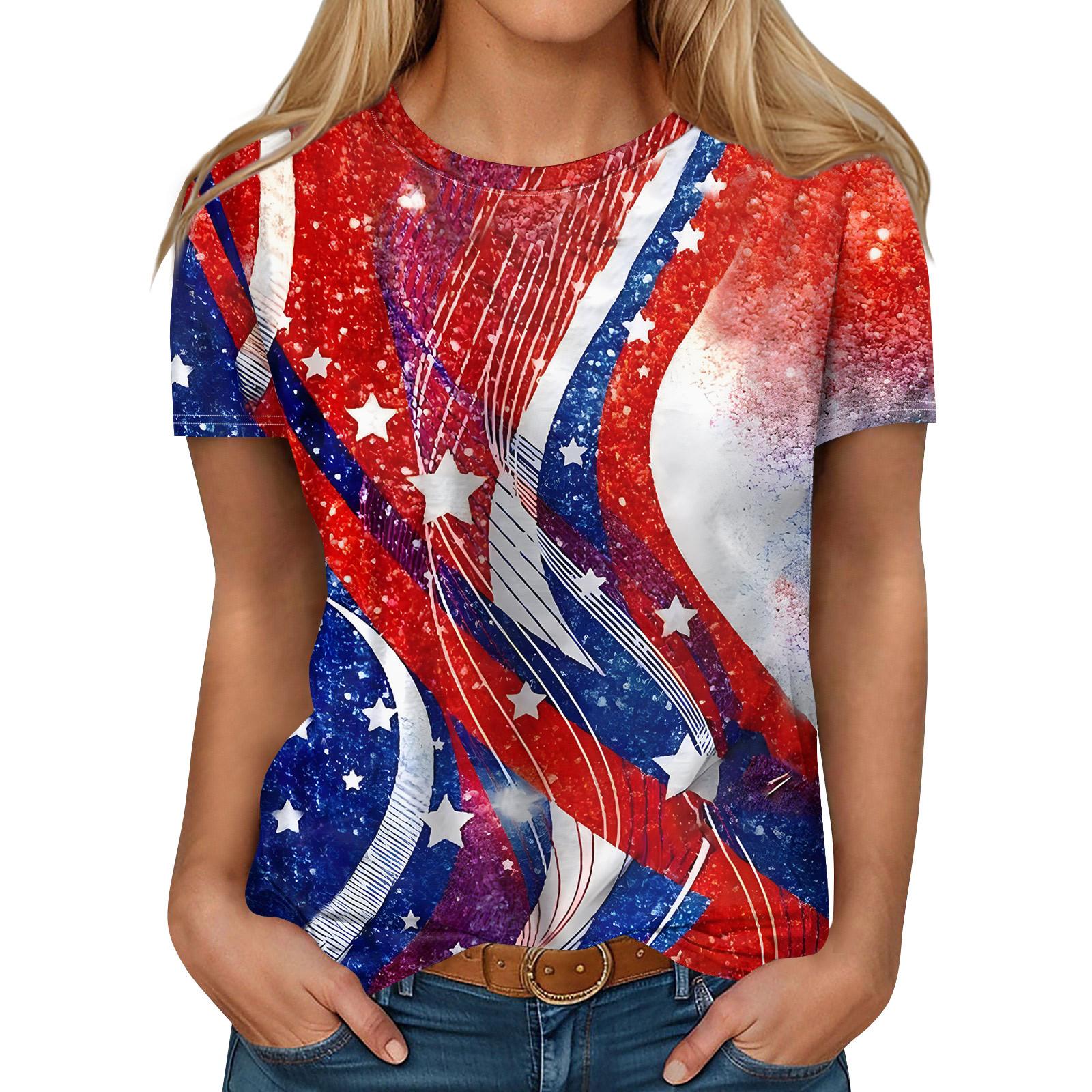 

Женская модная повседневная футболка с круглым вырезом и коротким рукавом с принтом ко Дню независимости XL красный