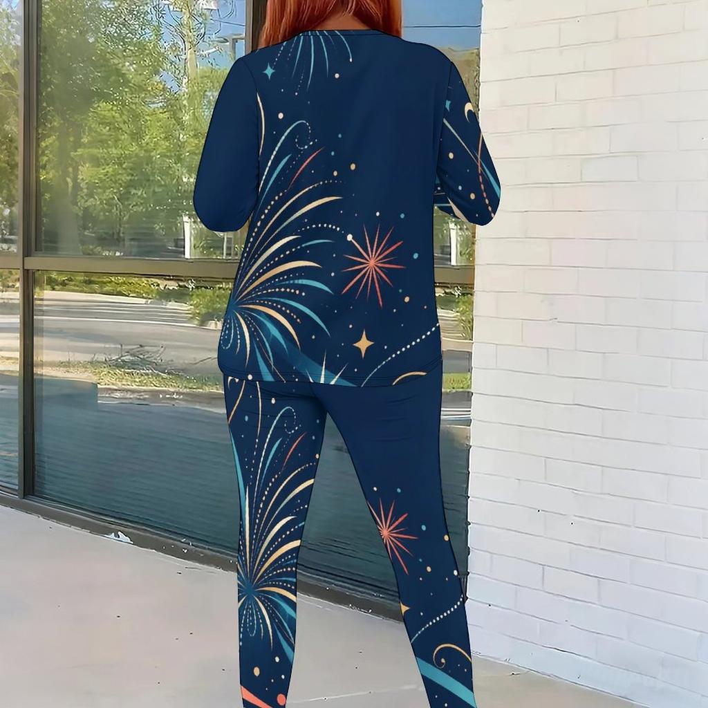 Women Plus Size Two Piece Set Round Neck Long Sleeve Firework Printed Navy Blue Fitted Pants