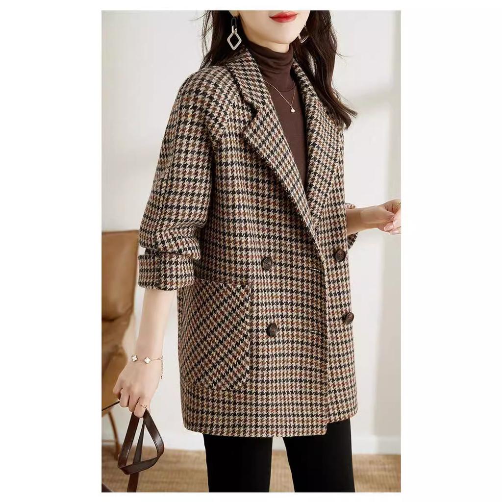 Brown Black White Houndstooth Double Breasted Blazer Jacket with Roll-Up Sleeves