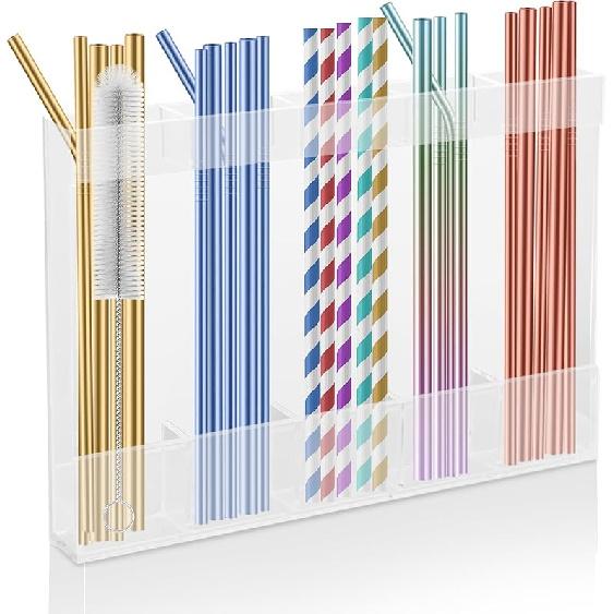 Acrylic Straw Holder for Cabinet, Reusable Straw Organizer with Double Sided Adhesive Tape Tumbler Straws Storage Container for Cupboard Drinking