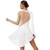 Womens Figure Skating Costume Rhinestone Mesh Long Sleeve Chest Pleats Irregular Hem Bodysuit Dress