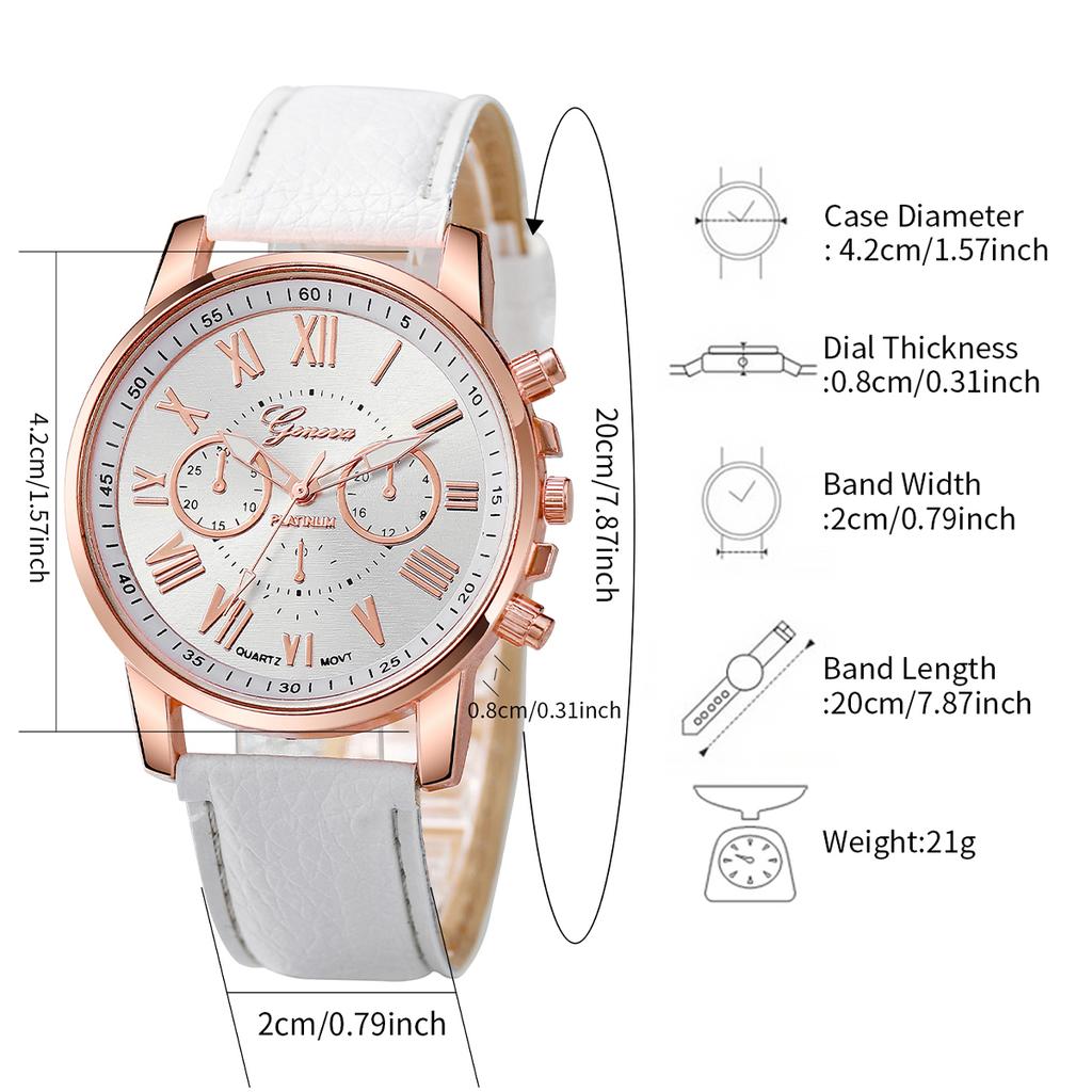 4PCS Women's Watches Fashion Leather Band Roma Dial Quartz Watch