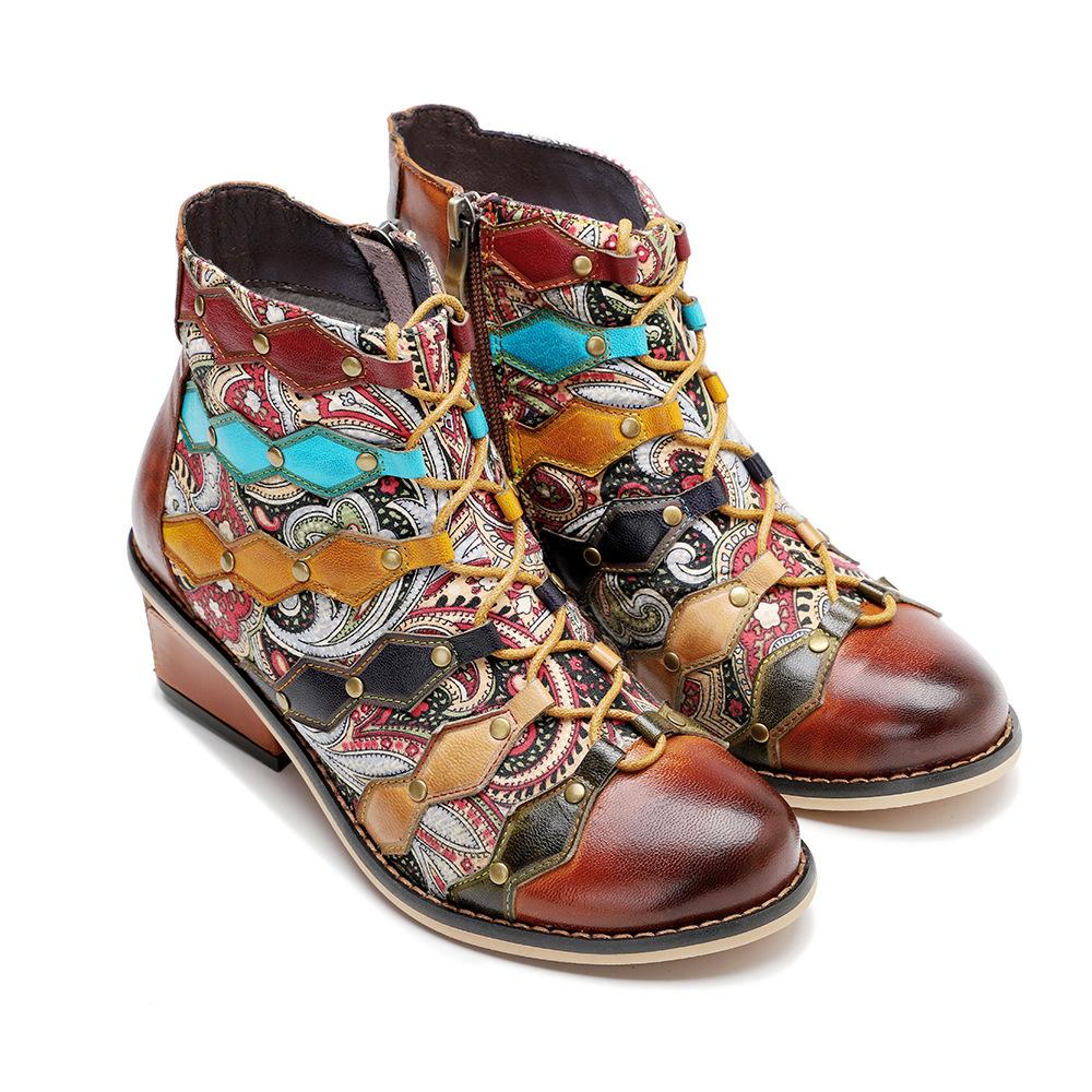 Johnature Genuine Leather Short Boots Hand Printed Retro Patchwork Fashionable Rivets Mid Heeled Shoes