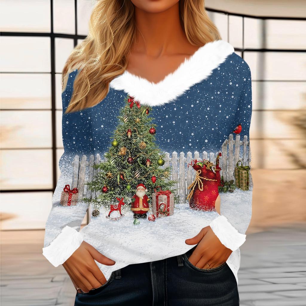 Women's Casual Long Sleeve Christmas Print Top with Collar
