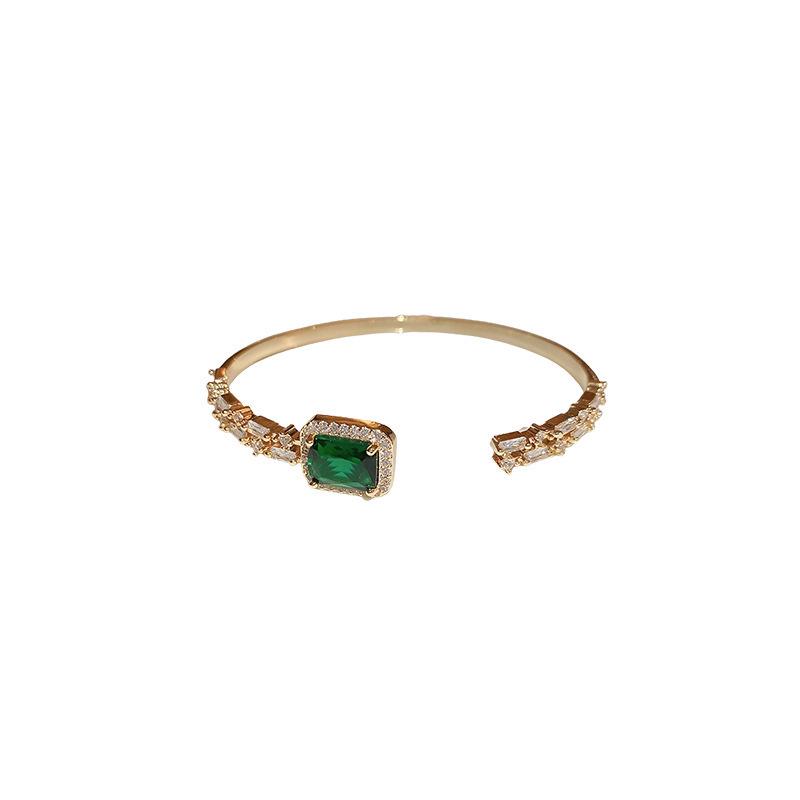 Emerald Zircon Open Bangle - Retro Elegant Light Luxury Versatile Bracelet