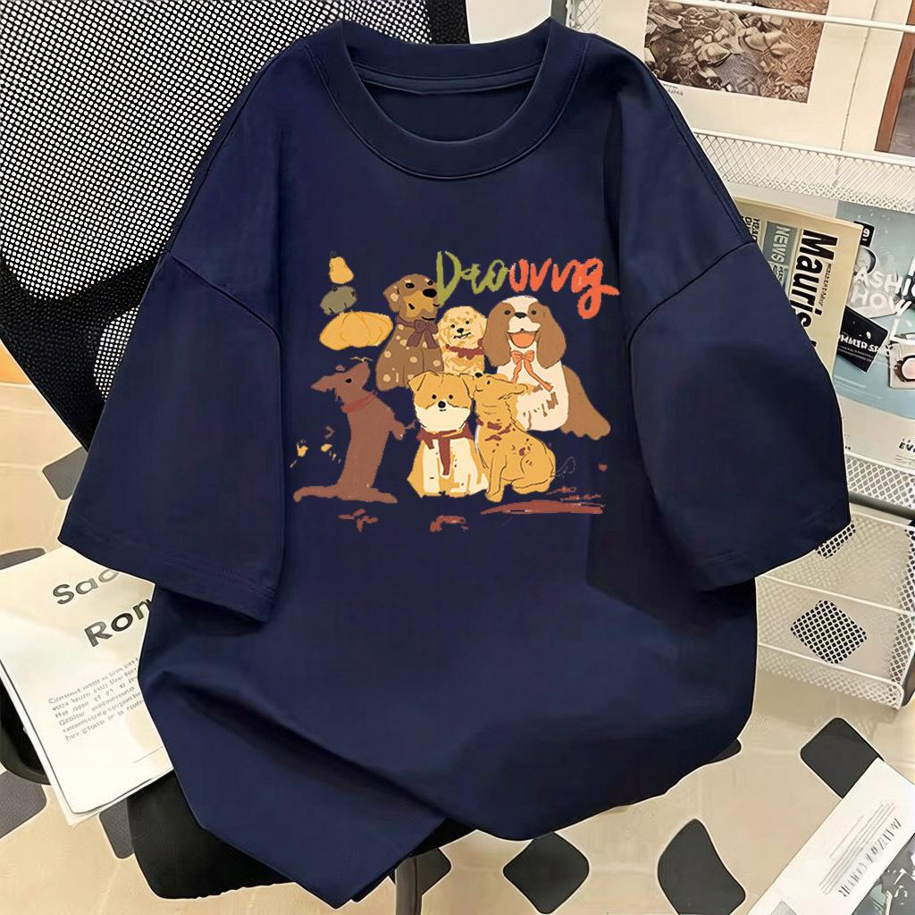 Women Cute Dog Graphic Print Cotton Short Sleeve T-Shirt Loose Oversized Round Neck Basic Tee Plus Size Casual Summer Tops