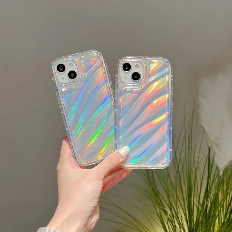 6D Laser Aurora Wave Pattern Glitter Case for IPhone 16E 15 14 13 12 11 Pro Max 17air 16 Soft Shock Protection Cover