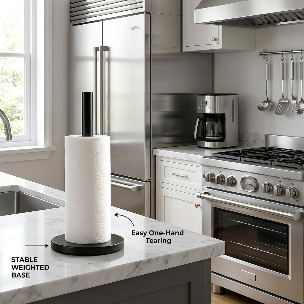 Modern Premium Stainless Steel Free Standing Paper Towel Holder with Stable Black Base Kitchen Roll Holder