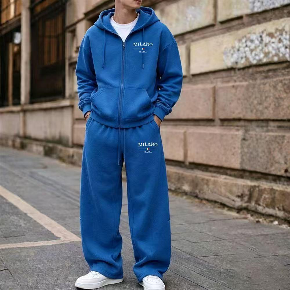 2026 Spring Men's Zipper Hoodie & Wide-Leg Sweatpants Set with Velvet