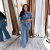 Women's Sexy High-Elastic Washed Denim Two-Piece Set with Row Buttons