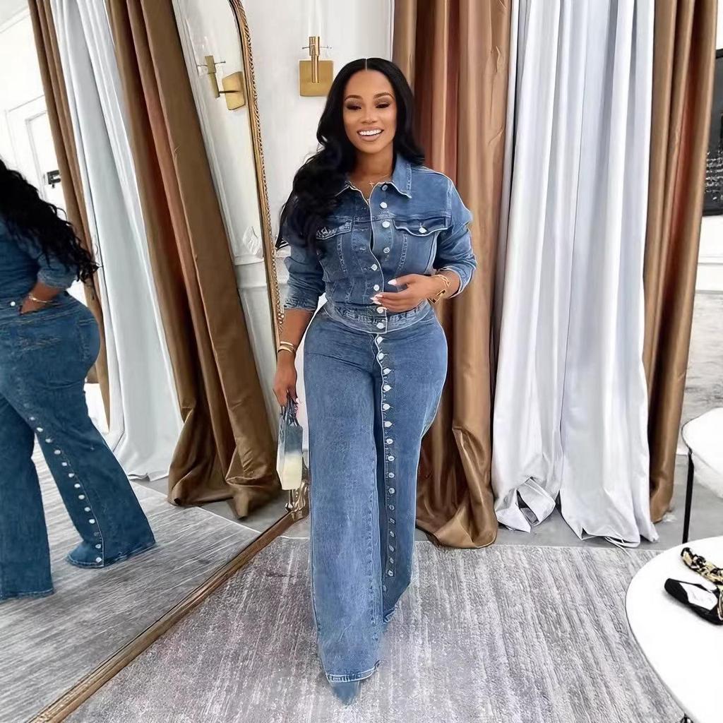 Women's Sexy High-Elastic Washed Denim Two-Piece Set with Row Buttons