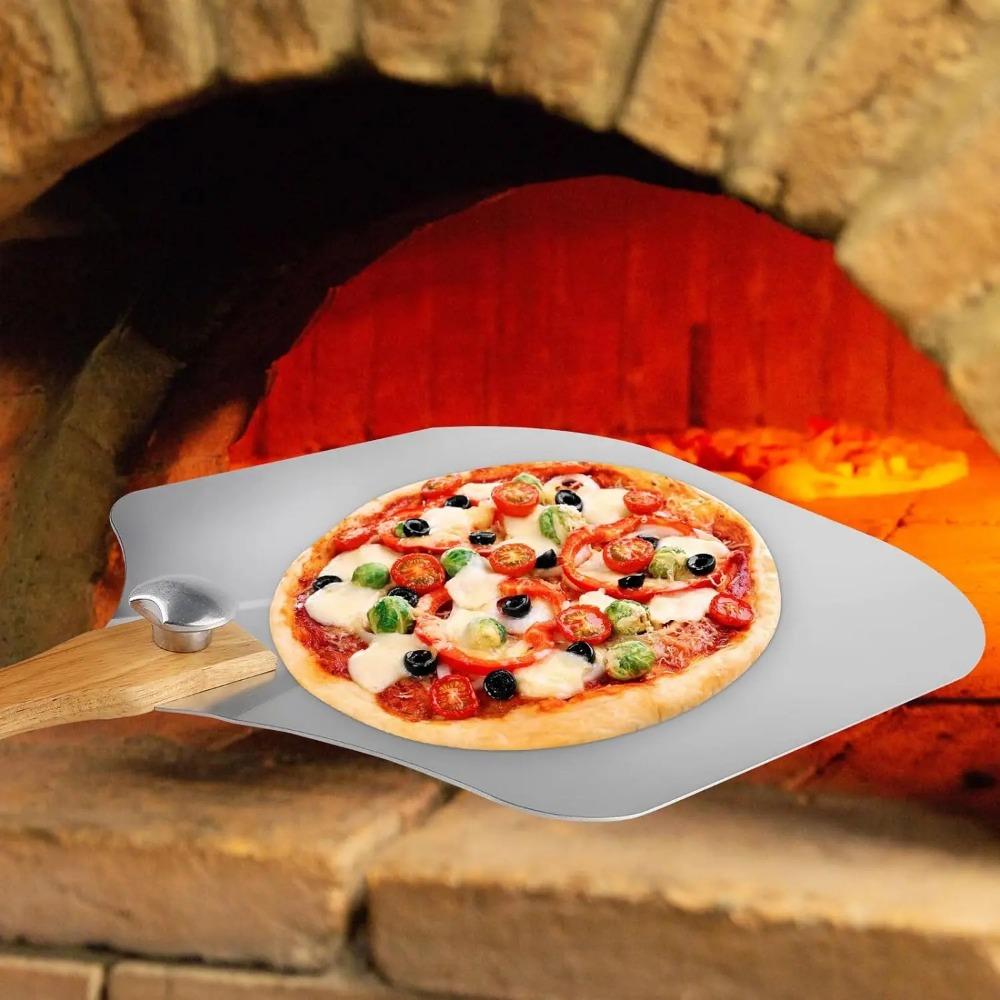 Pizza Shovel and Pizza Cutter Metal Non-Stick Pizza Peel with Wood Handle Cake Lifter Transfer Tray for Homemade Baking Bread