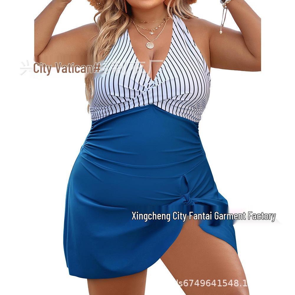 2024 Plus Size European & American Solid Color Tankini Skirt Swimsuit with Drawstring - Conservative Style