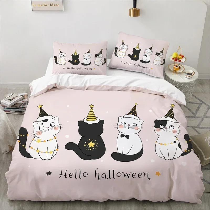 Cute Cartoon Animals Pink Toddler Bedding Set 3D Funny Cat Print Duvet Cover Twin Queen Size For Teens Kids Girls Bedroom Decor