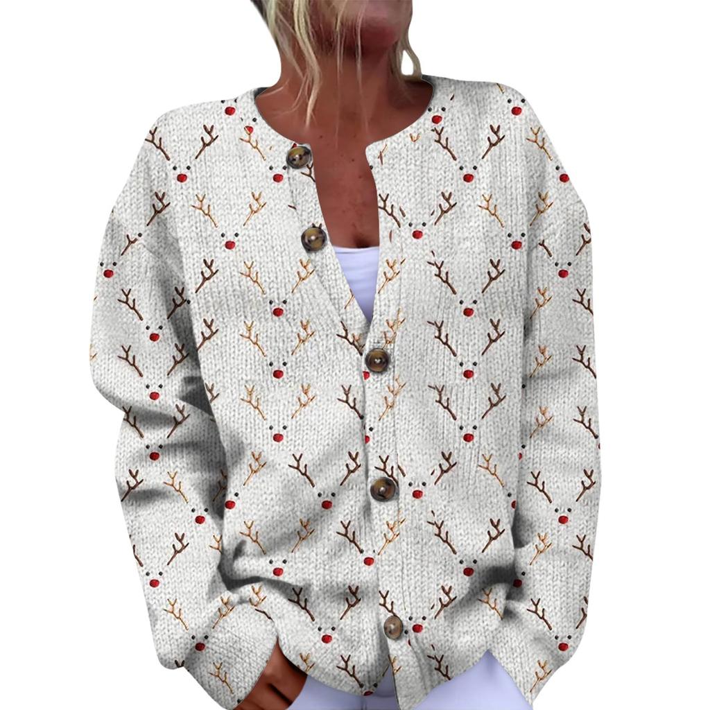 Women's Fashion Christmas Printed Long Sleeve Knitted Cardigan Button Down Jacket