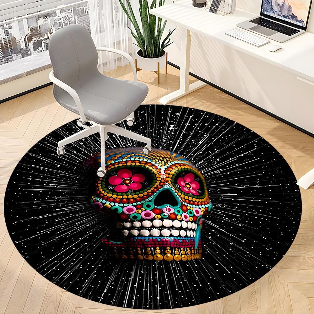 1PC Sugar Skull, Day of the Dead Office Round Area Rug, Mat Suitable ForOffice, Under Office Chairs Bedroom Living Room Home Decor, Room Deco