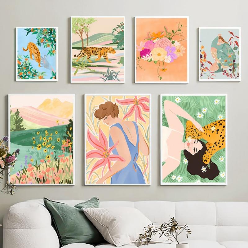 Feldmädchen Leopard Zitrone Blumen Abstrakt Landschaft Poster und Drucke Wandkunst Leinwand Malerei Bilder Für Wohnzimmer Dekor
