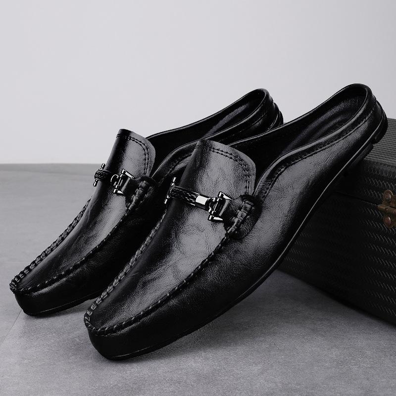 Summer men's slippers fashion leather casual shoes driving Doudou shoes comfortable work men's shoes black brown