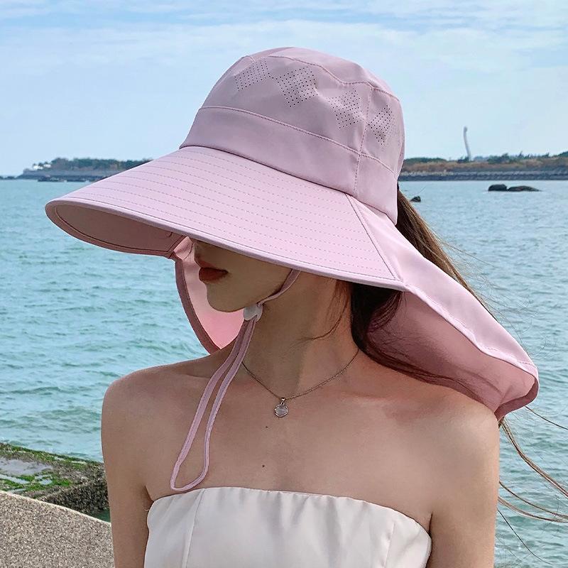 Outdoor riding neck cape hat summer new can tie ponytail big brim sun hat solid color bucket hat women