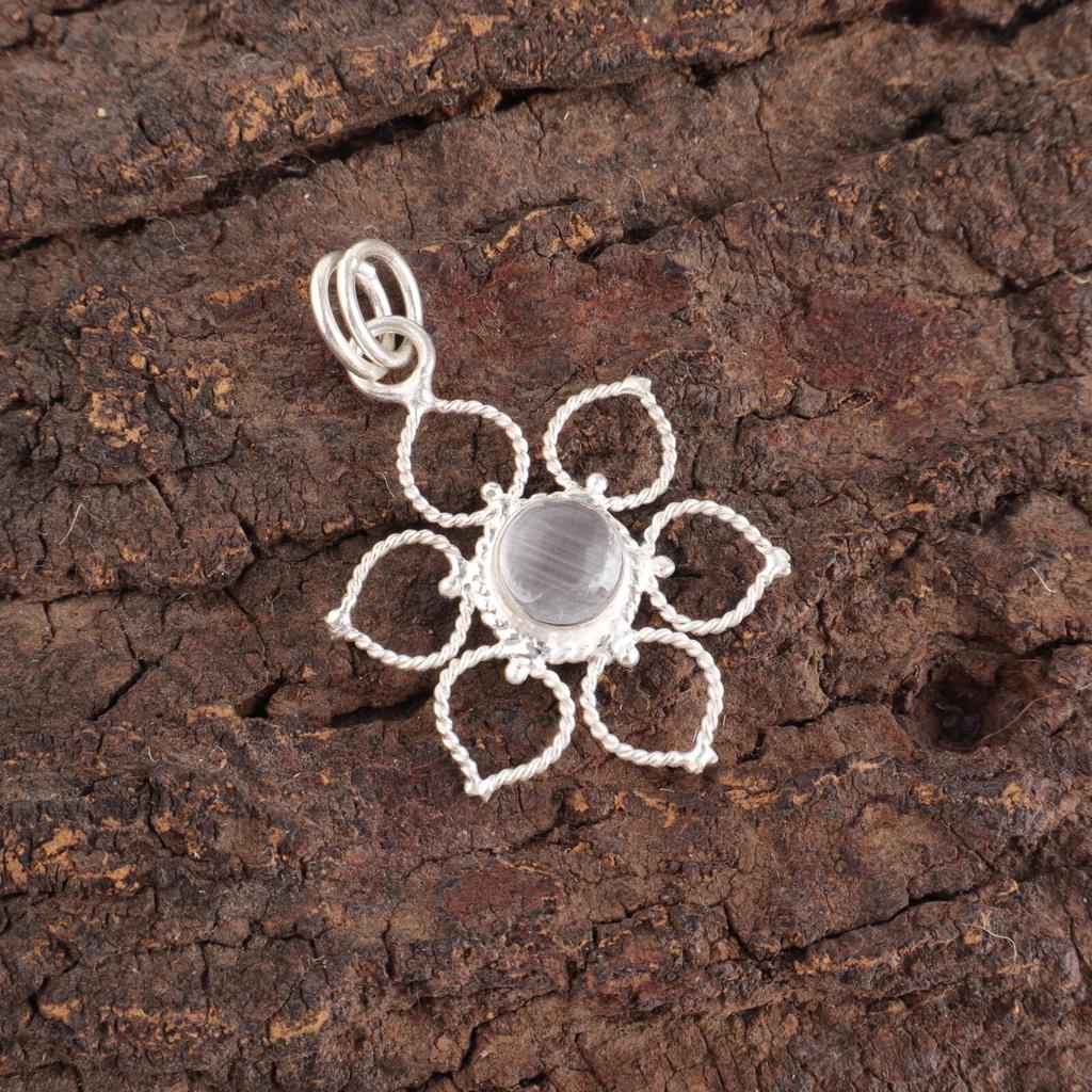 Round Selenite Stone 925 Silver Elegant Ethnic Sisters Day Handcrafted Pendant PP-18-41