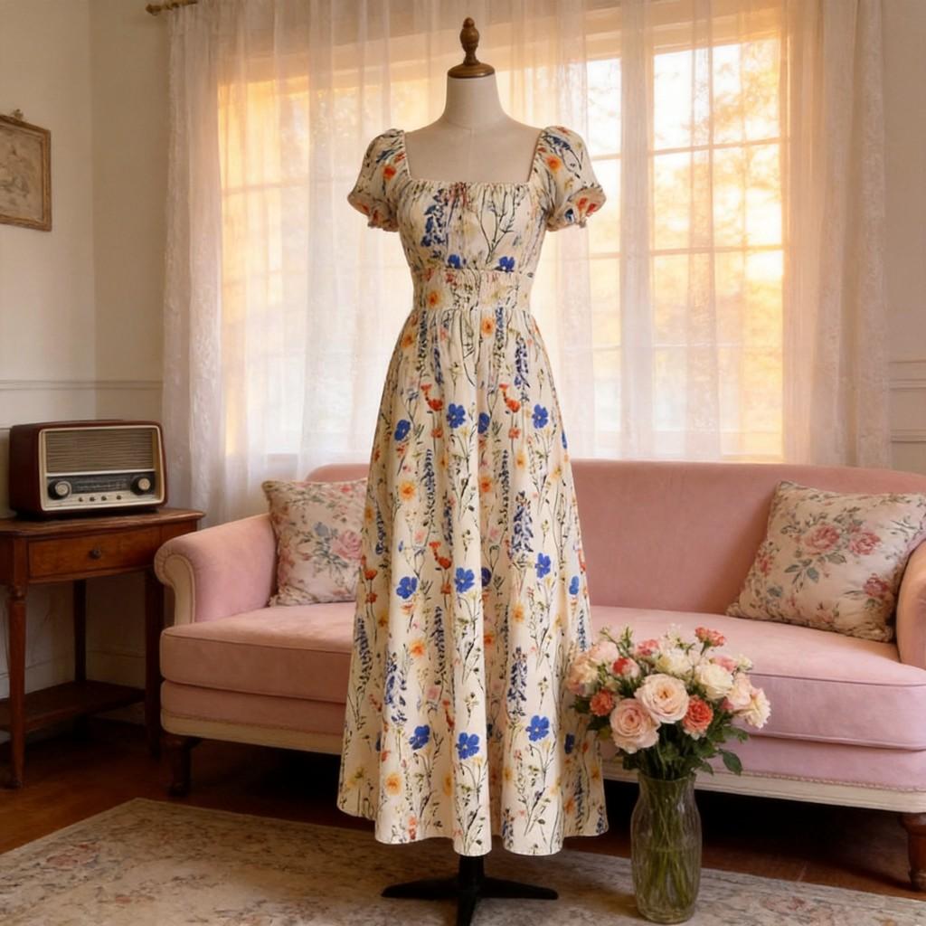 French Bubble Sleeve Printed Dress With Polyester Fabric For Summer Casual Wear