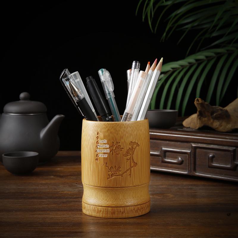 Retro Bamboo Pen Holder: Multi-functional Desktop Organizer & Business Gift, Inspired by the Four Treasures of the Study.