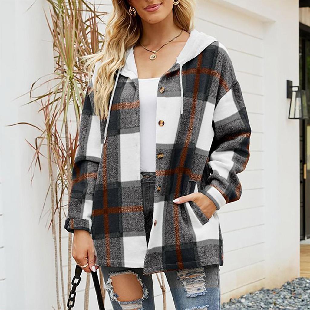Ladies Casual Fashion Jacket Hooded Plaid Colorblock Wool Shirt Jacket