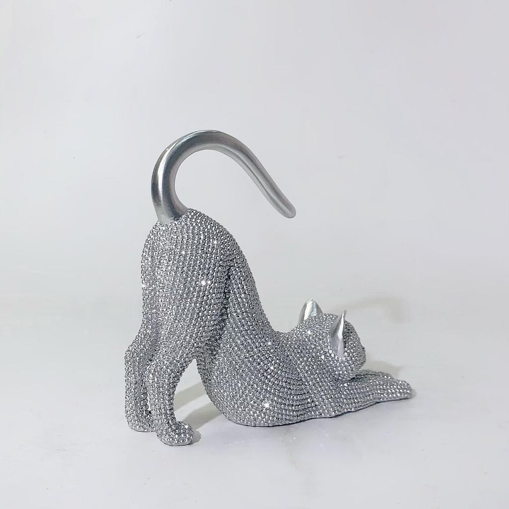 Sparkling Rhinestone Stretching Cat Figurine Jewelry Holder Light Desktop Decor for Necklace Earring Storage Home Accent Gift