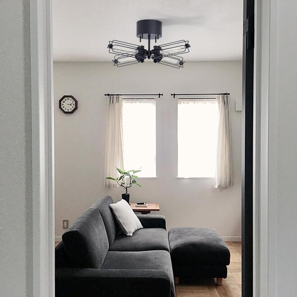 Nordic style ceiling LED for living dining black 4-light light, stylish, antique-style lighting, simple, compatible, cafes, children's rooms,