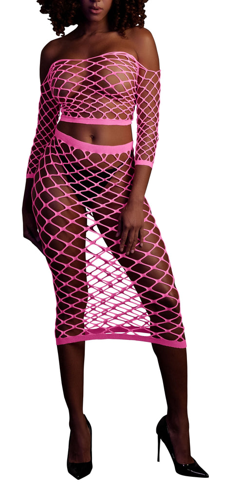 Neon Pink Off-the-Shoulder Bustier and Fishnet Dress - Ouch! Glow - Combinations