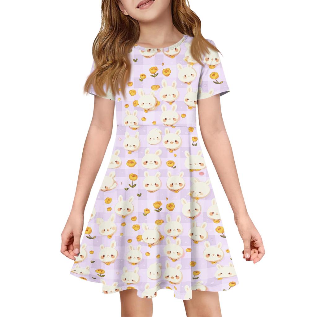 Robe d'été pour fille Couleur & Imprimé Manches Courtes Avec Poche Robe Décontractée Manches Courtes Robe de Soirée Jour de Pâques