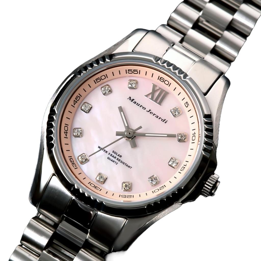 Mauro Geraldi Solar All Stainless 5 ATM Water Pink MJ038 Watch, Steel, Resistant, Zirconia, Women's, MOP, (MJ038-3/Pink)