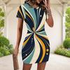 Women Plus Size Round Neck Short Sleeve Patchwork Printed Fitted Mini Dress Black White Grey
