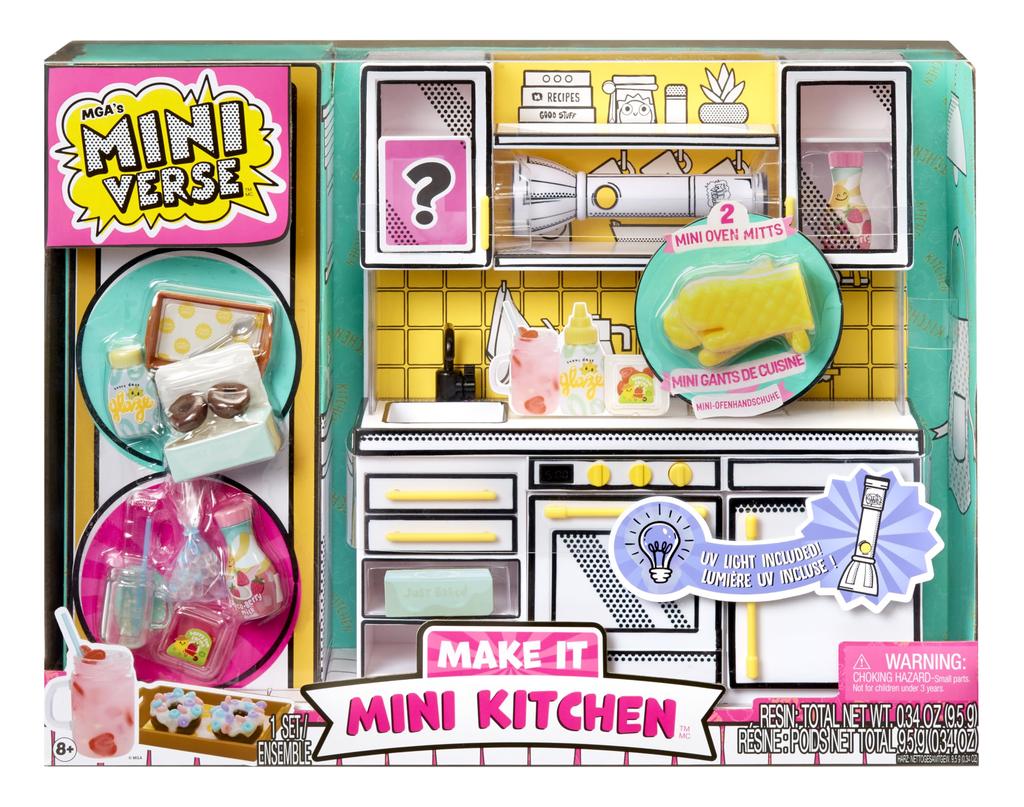 MGA Mini Verse Mini Kitchen Kitchen Playset with UV Resin Mystery Mini Oven Mitt Ages Light, Collectible, DIY, Play, Exclusive, Recipe, (Not Edible),