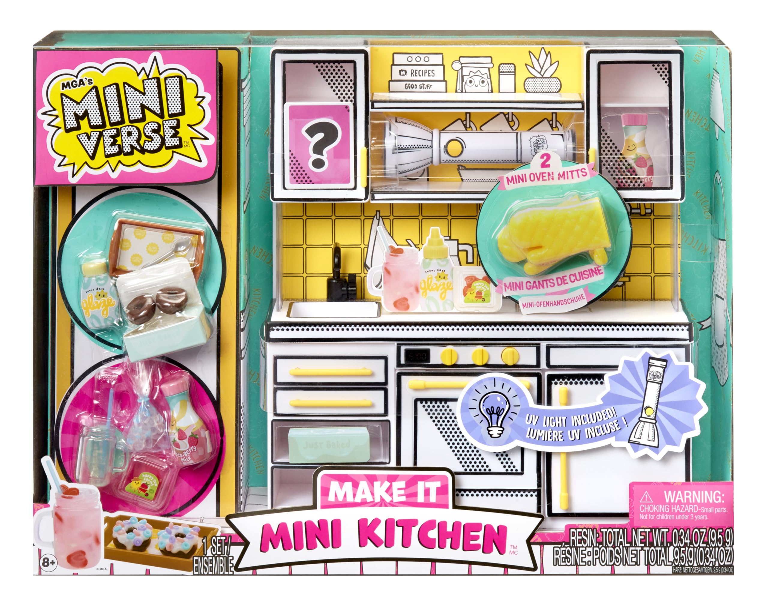 

MGA Mini Verse Mini Kitchen Kitchen Playset with UV Resin Mystery Mini Oven Mitt Ages Light, Collectible, DIY, Play, Exclusive, Recipe, (Not Edible),